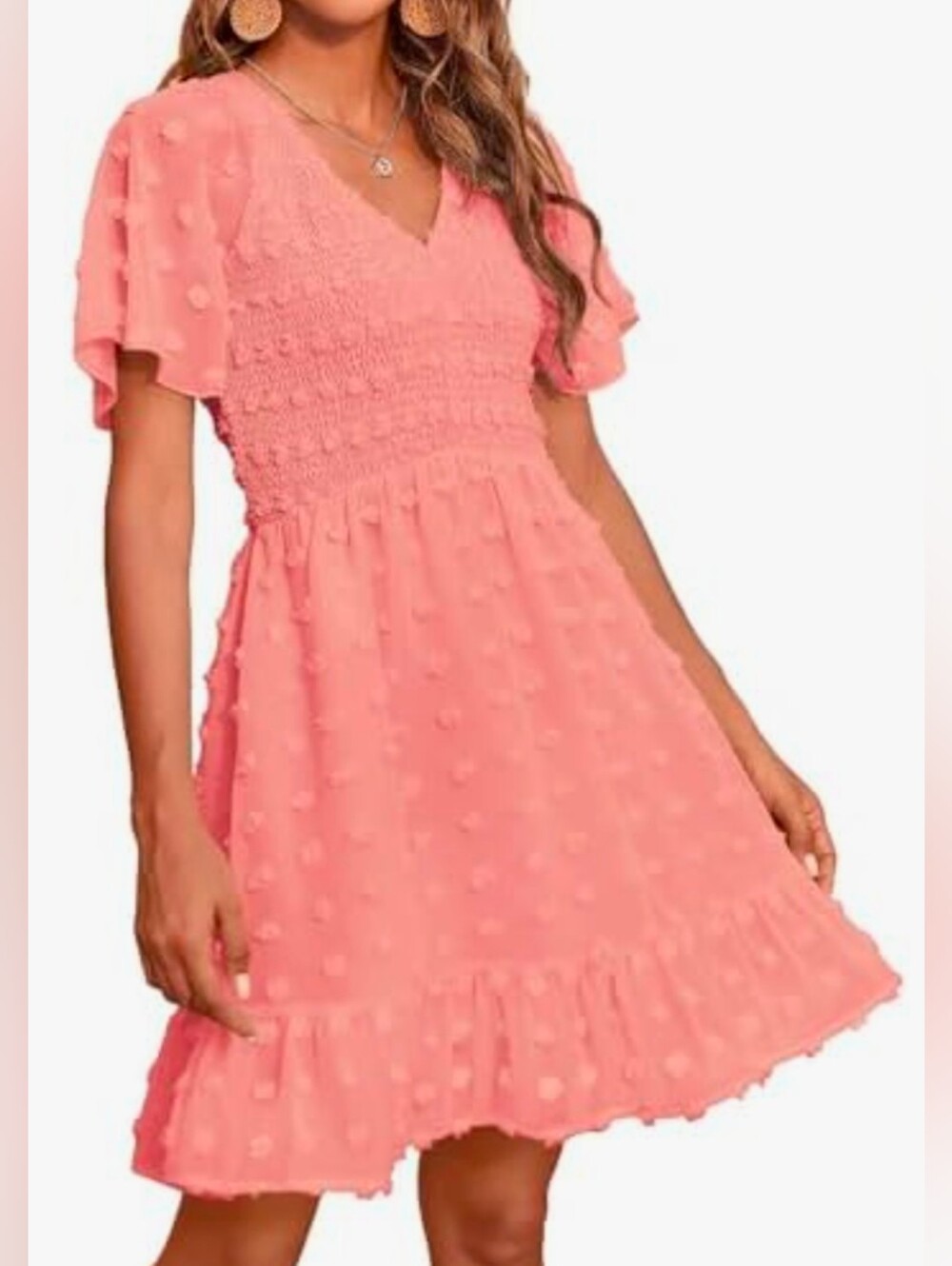 BTFBM Pink Orange Swis Dot High Waist V Neck Ruffle Tiered Mini Dress